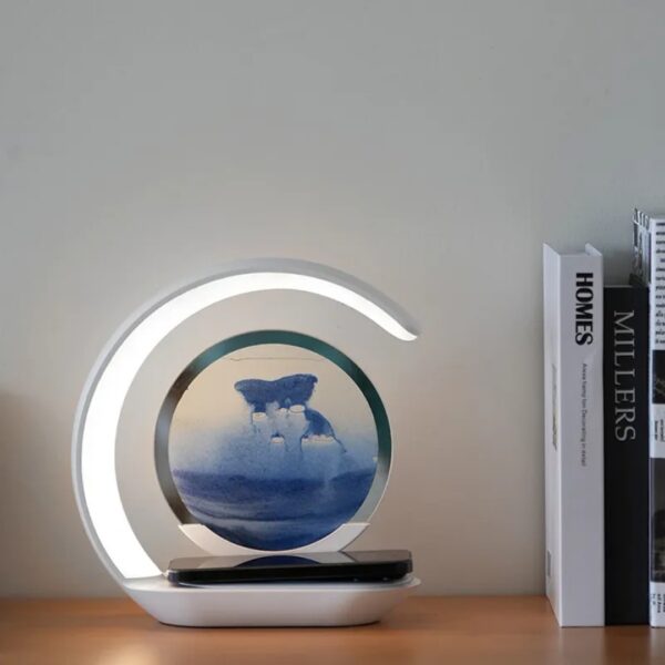 Table Lamp USB Wireless Charging Desk Lamp 3D Hourglass Ornaments Sand Painting Night Light for Office Room Decoration